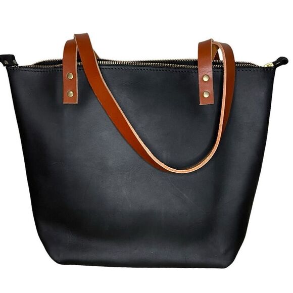 Portland Leather Medium Zip Black with Tan Handles - Picture 3 of 9